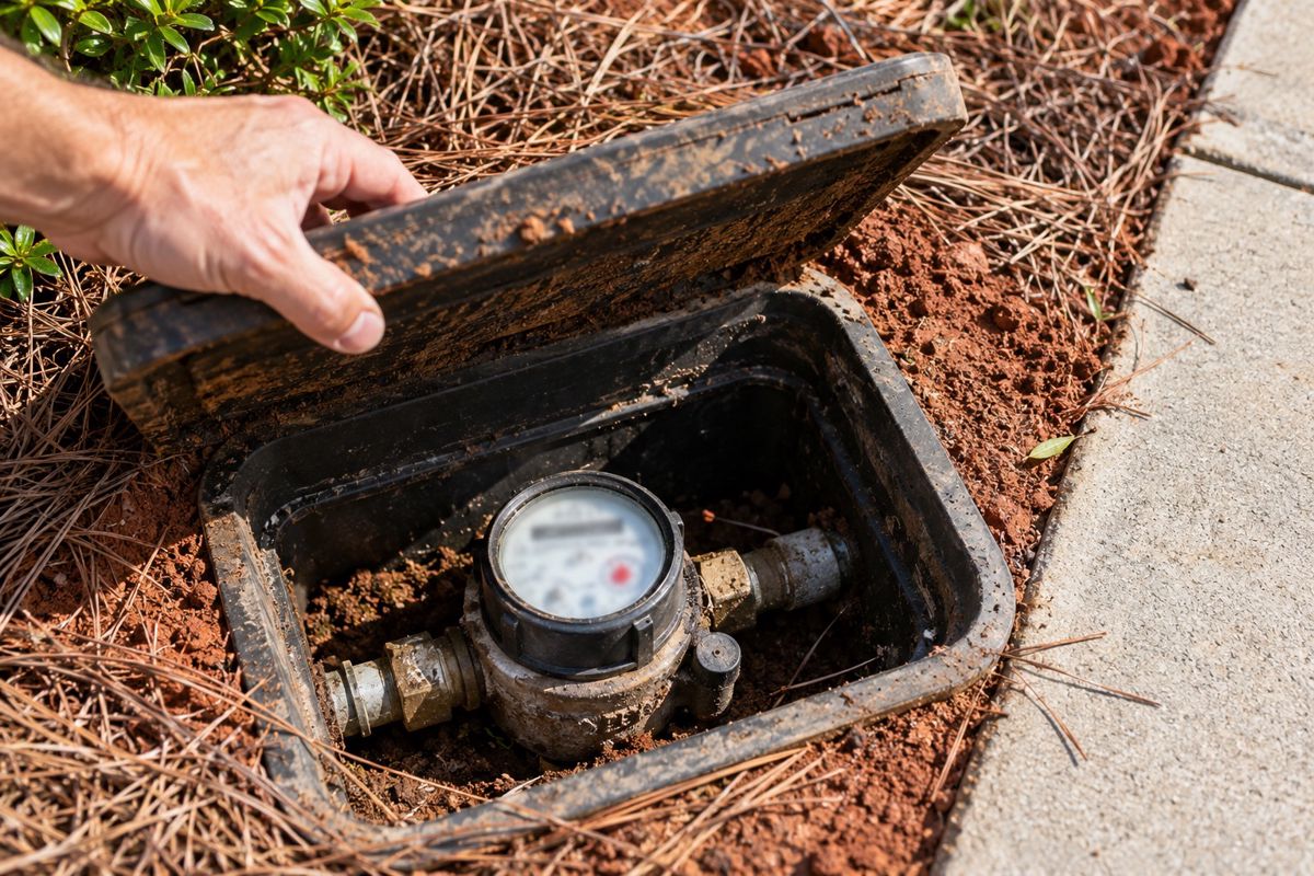 Hand opening a water meter box to check the leak indicator dial