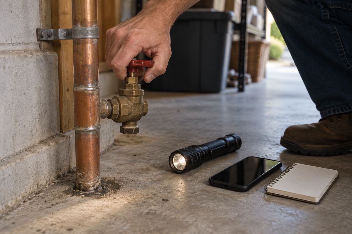Hand turning the main water shut-off valve on a garage wall