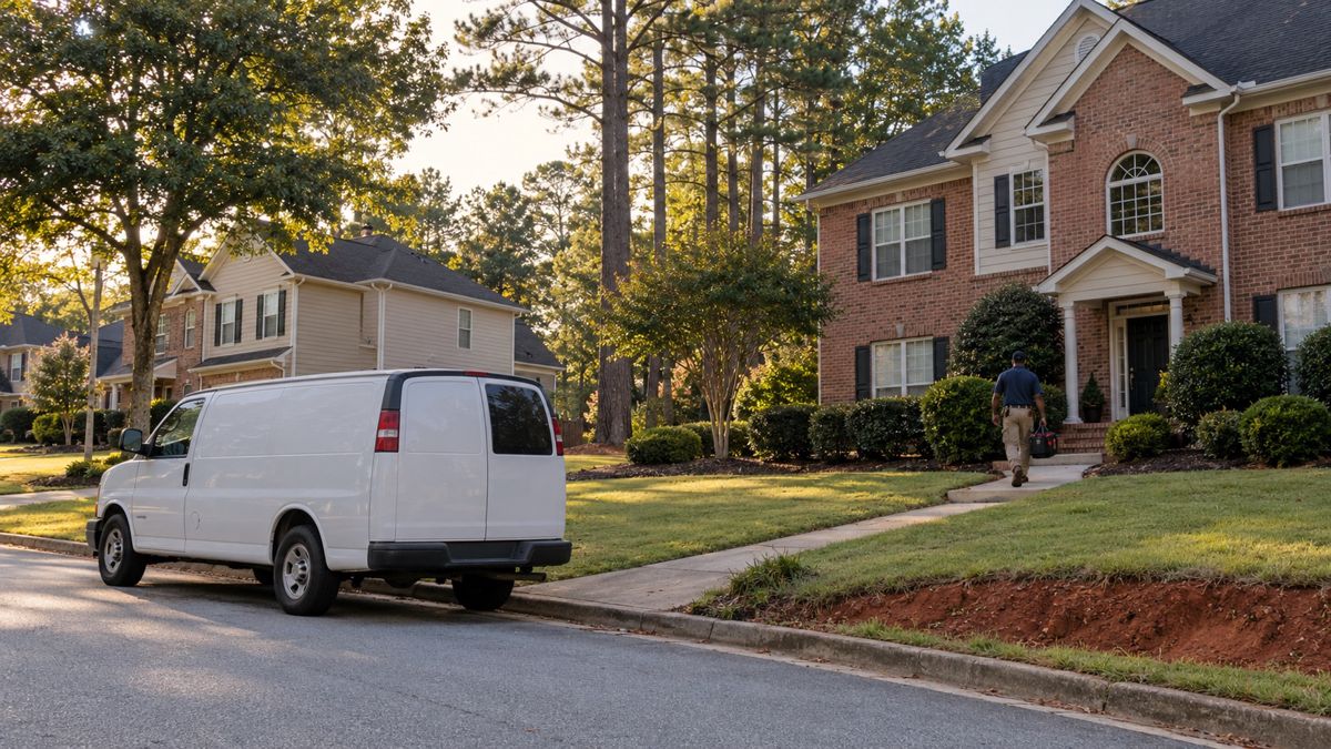 Suburban street of brick homes in South Fulton Georgia with a work van