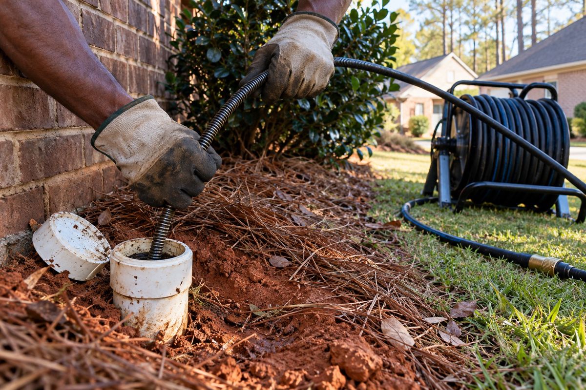 Hands feeding a drain cable into an outdoor cleanout beside a brick house