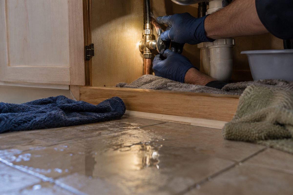 Plumber's hands shutting off a valve under a flooded kitchen sink