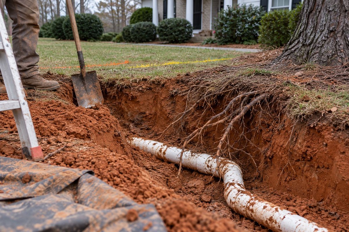 Open trench in a front yard showing a white sewer pipe and tree roots