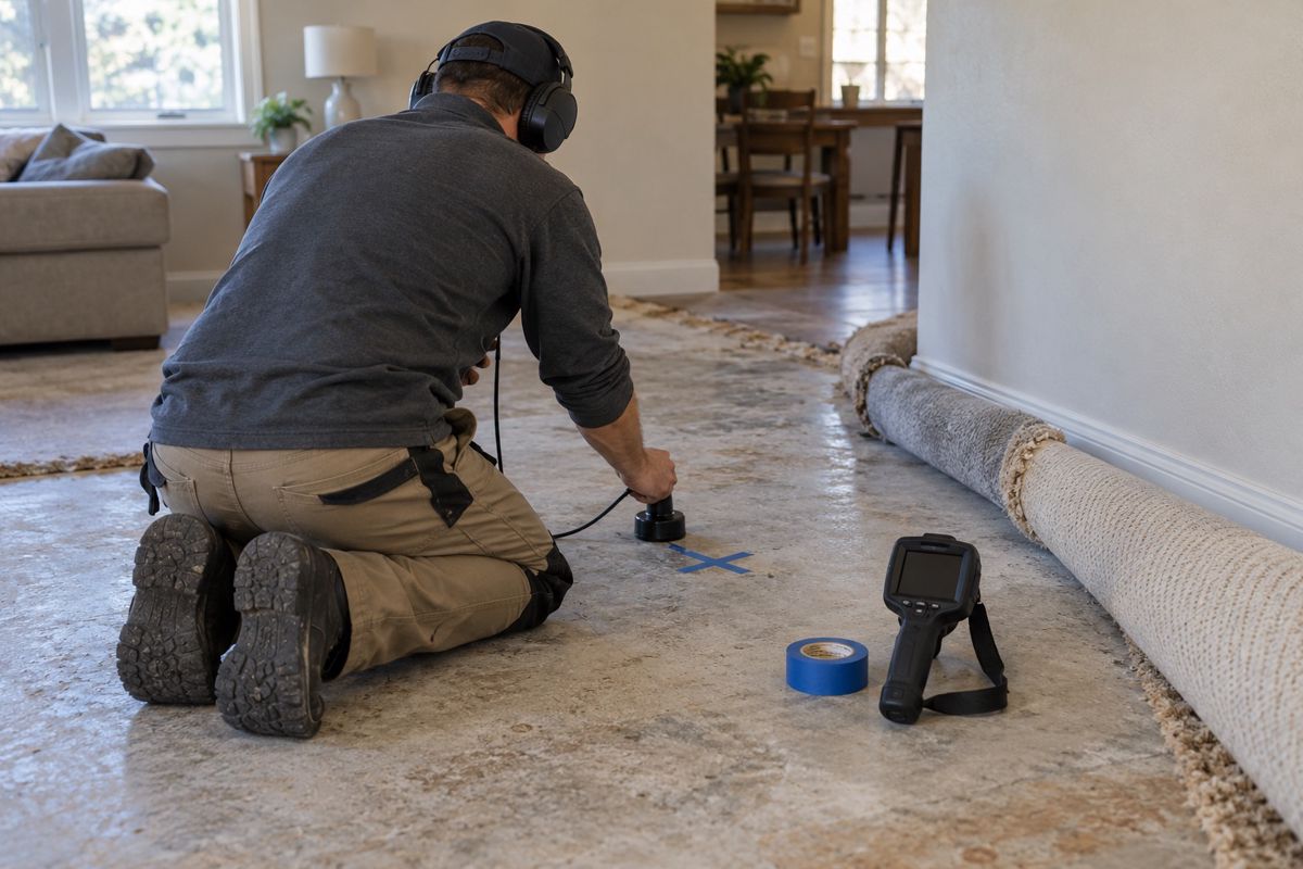 Technician listening for a hidden water leak on a concrete floor