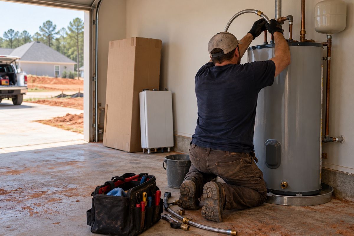 Plumber connecting water lines to a tank water heater in a garage